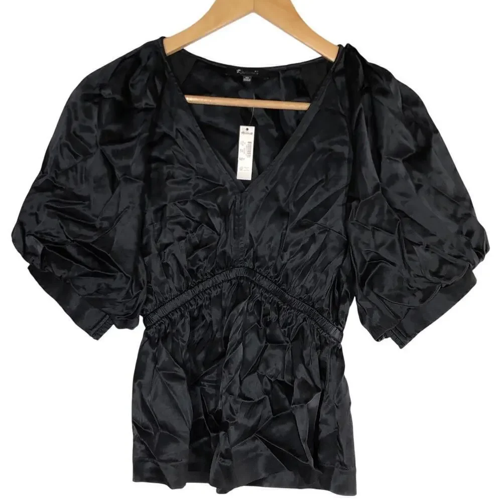 Madewell Shirred Top Satin Puff Sleeve Black NWT XS
